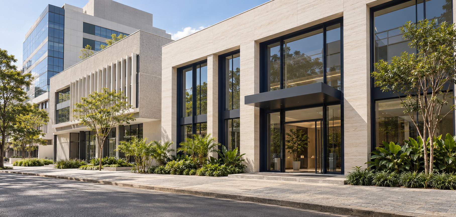 Modern commercial buildings with landscaped entrances