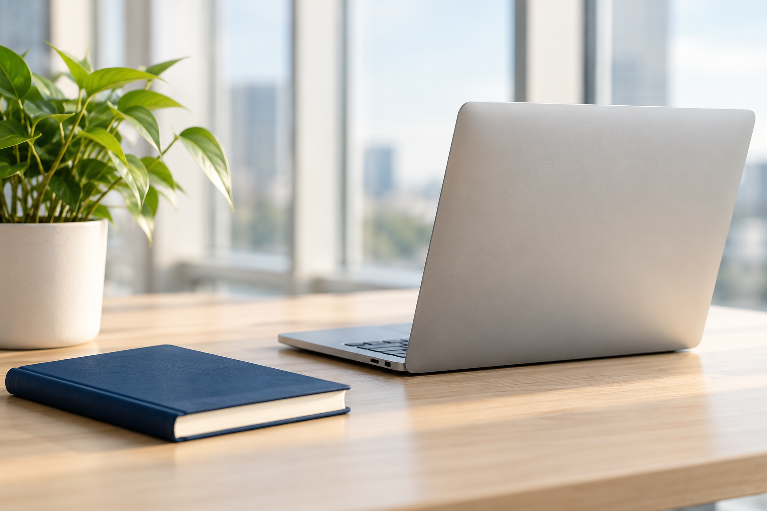 Laptop and navy notebook on a sunlit desk