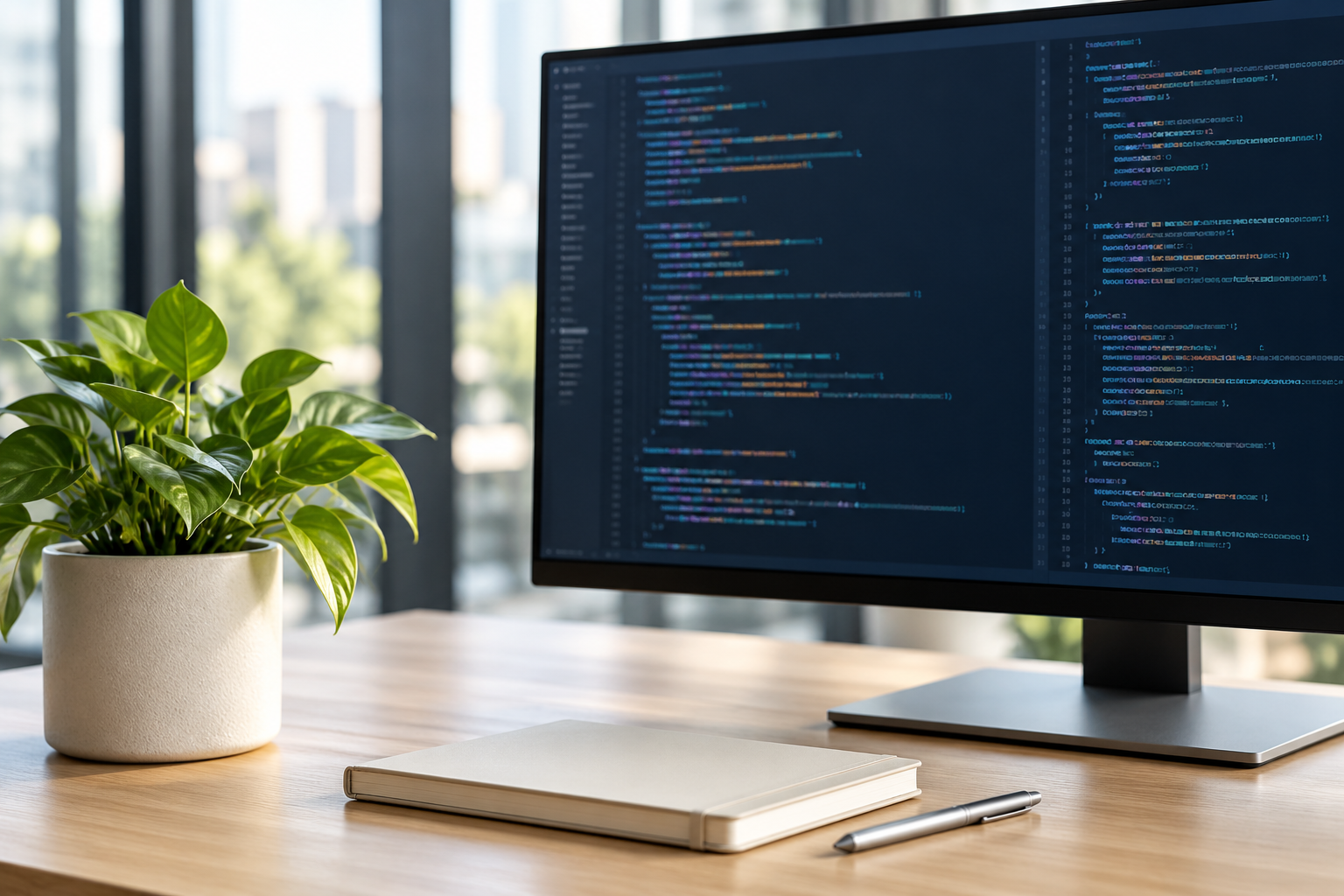 Code on a desktop monitor beside a green plant