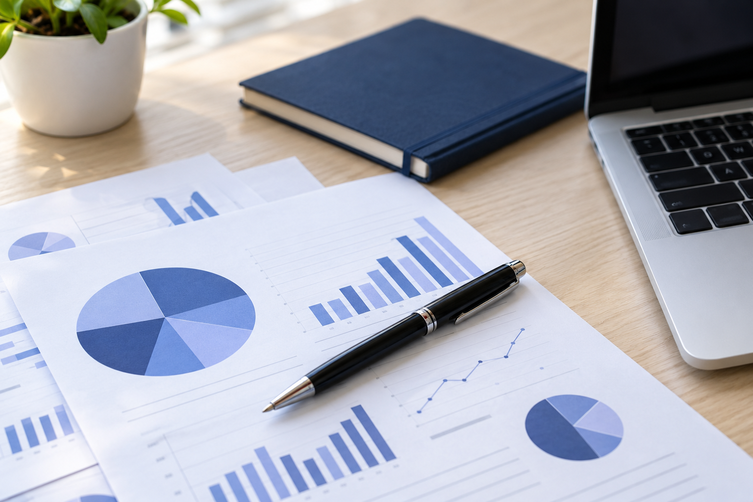 Business report and pen beside a laptop