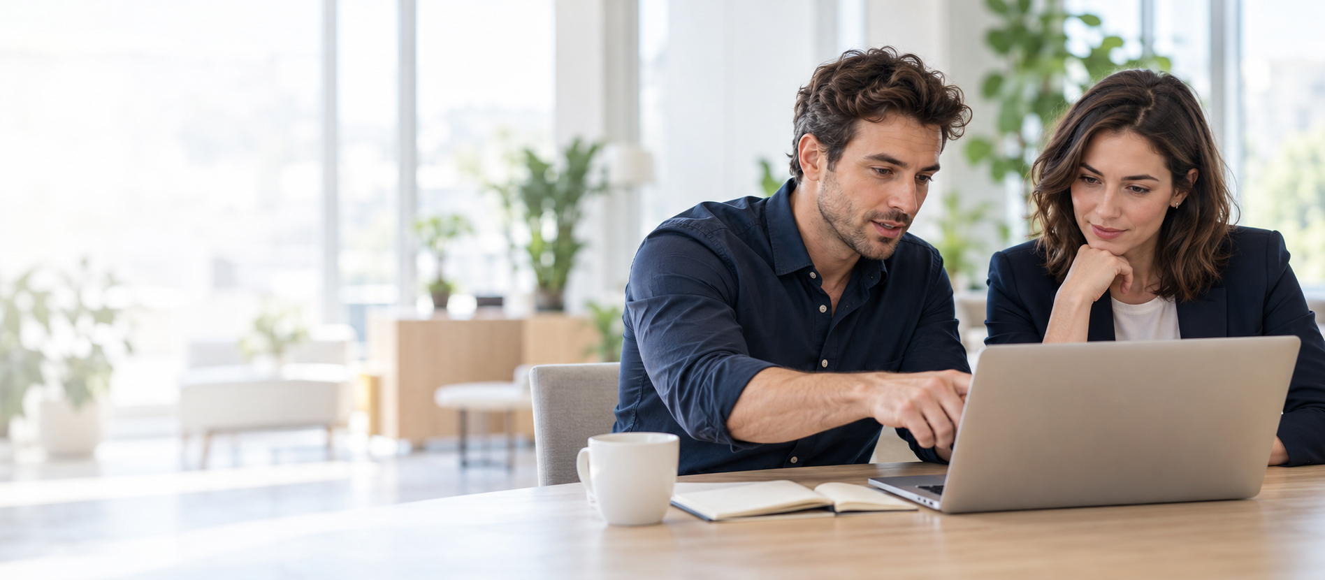 Two professionals working together at a laptop in a bright office