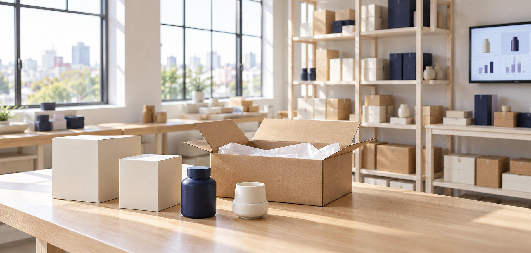 Products and shipping boxes in an ecommerce workspace