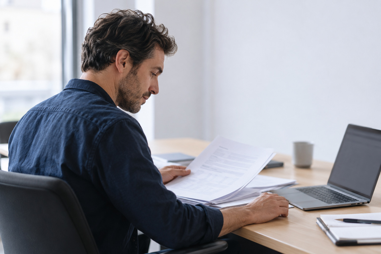 Professional reviewing printed documents beside a laptop in a bright office