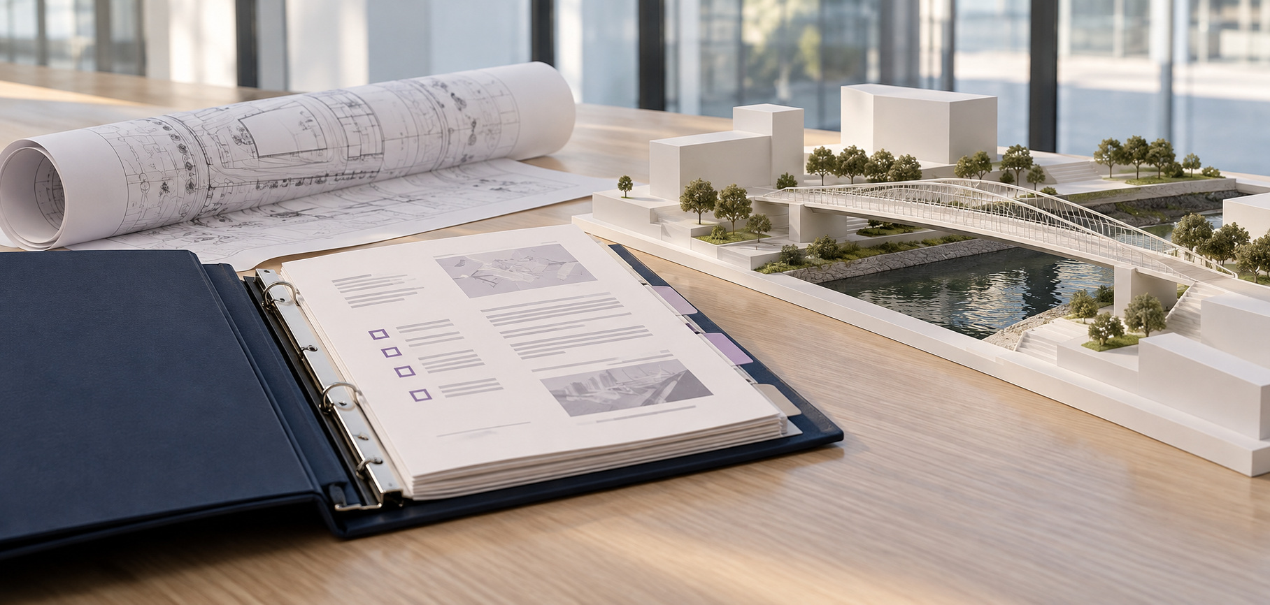 Project dossier, engineering plans and a bridge model on a desk