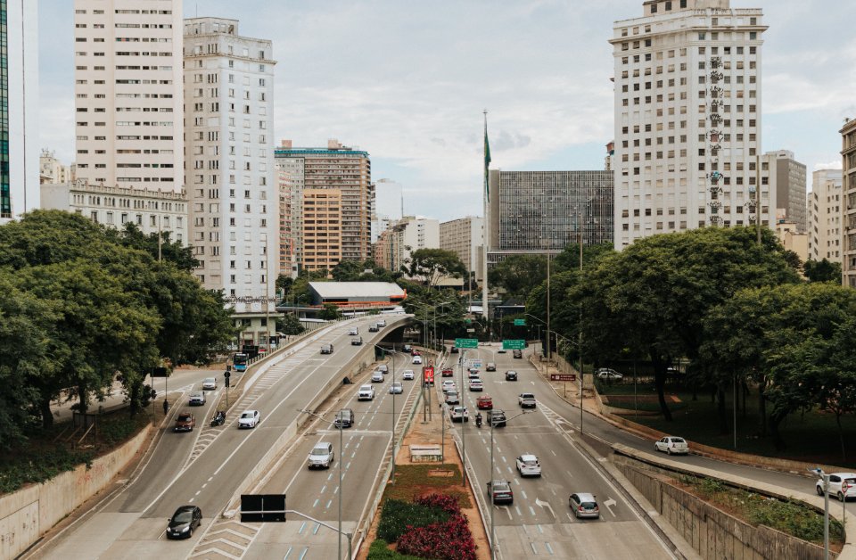 Buildings and transport connections in central Sao Paulo, Brazil.