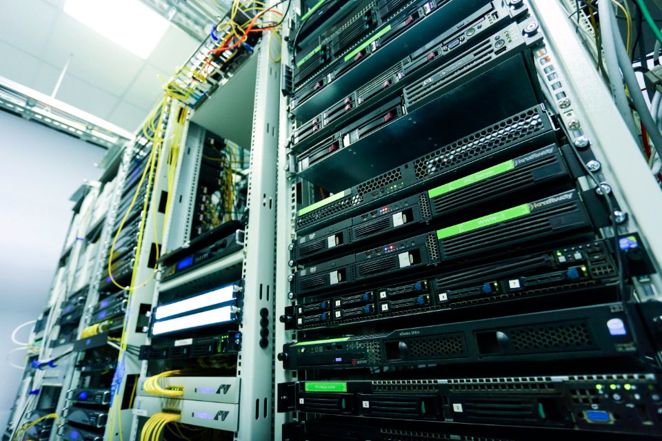 Network equipment and structured cabling inside a server rack.